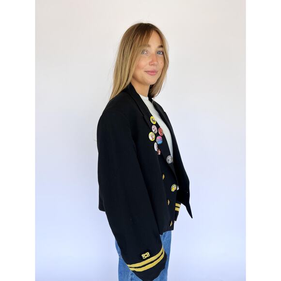 VTG 80s OS Crop Military Blazer Gold Buttons Trim, Streetwear 80s Rockstar Pins - Picture 5 of 6